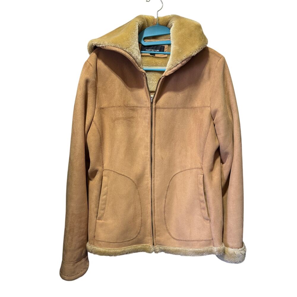 Jones New York Faux Suede Sherpa Zip Up Hooded Jacket Size L